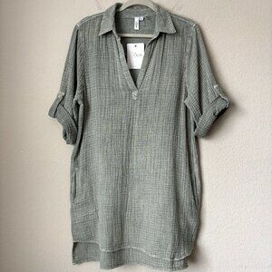 NWT Elan NEW Boho Gauzy Cotton Split Neck Roll Sleeve Shirt Dress